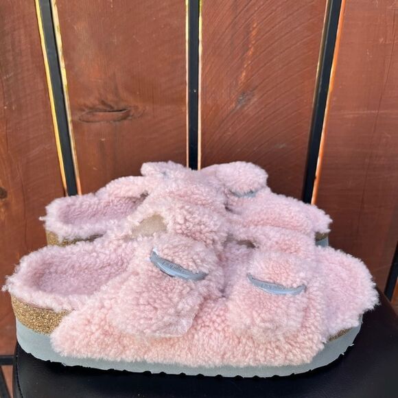 Birkenstock Arizona Teddy Shearling Platform Sandals Pink Big Buckle 40EU - Picture 5 of 9